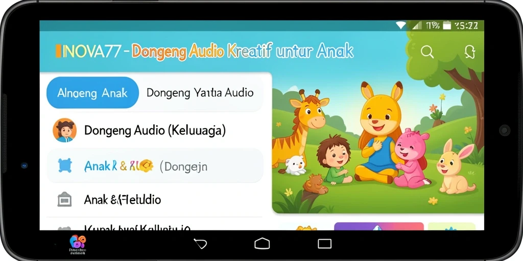 Antarmuka pengguna <strong>INOVA77</strong> yang ramah anak dengan pilihan dongeng audio.